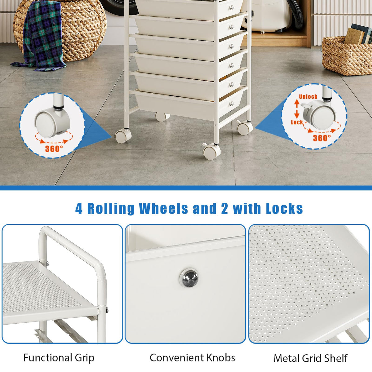 White 6-Tier Rolling Storage Cart with Drawers B17534