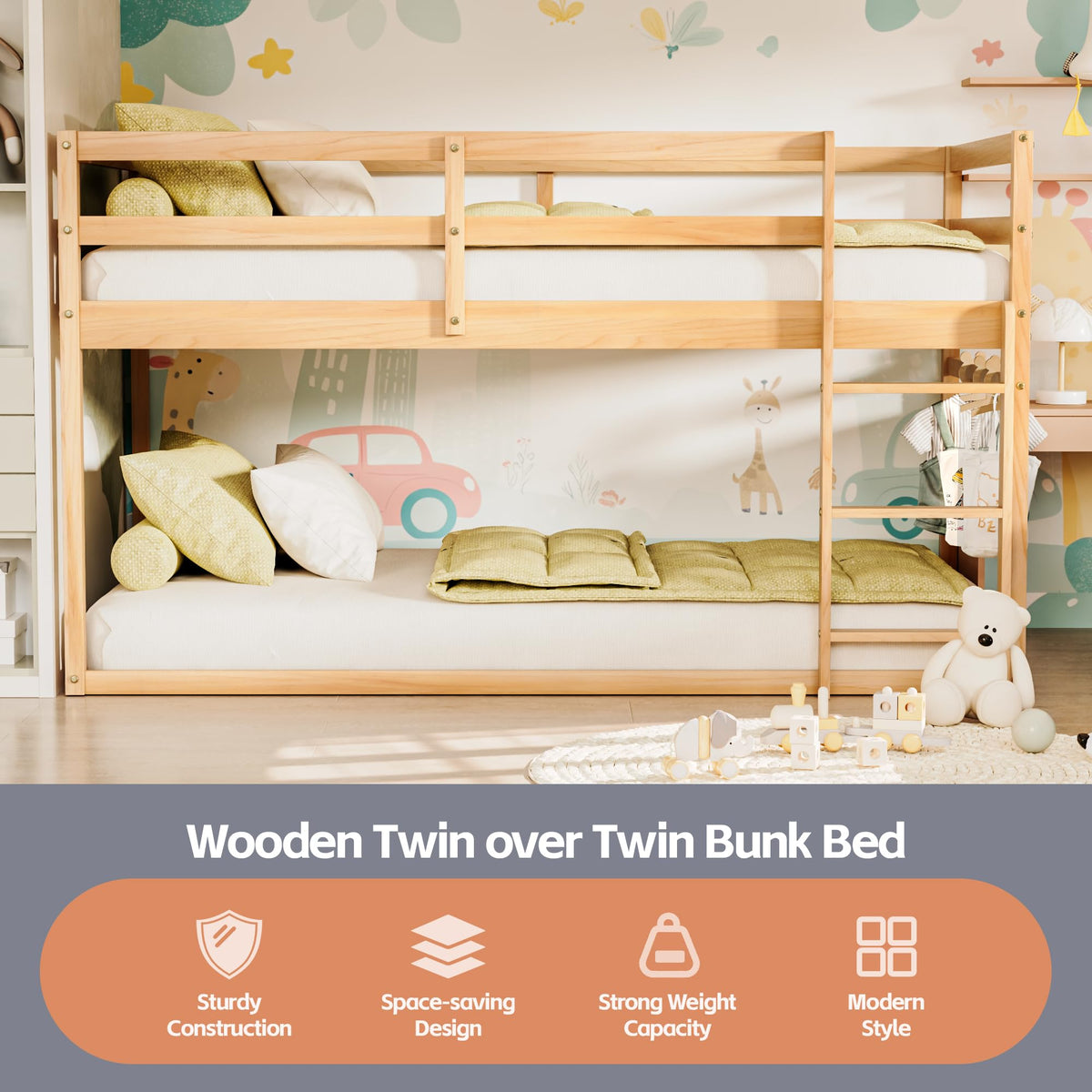 Twin Over Twin Low Bunk Bed with Ladder and Guardrails S55916