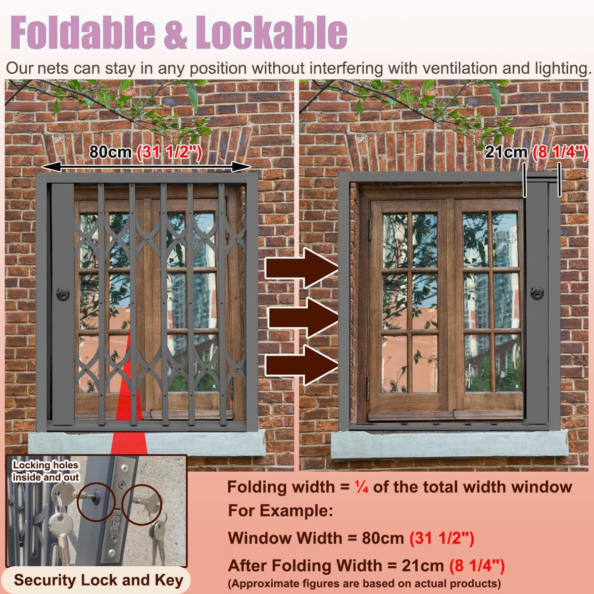 Lockable Folding Aluminum Window Safety Guards, Adjustable Width 24-36 Inch, Black V5122