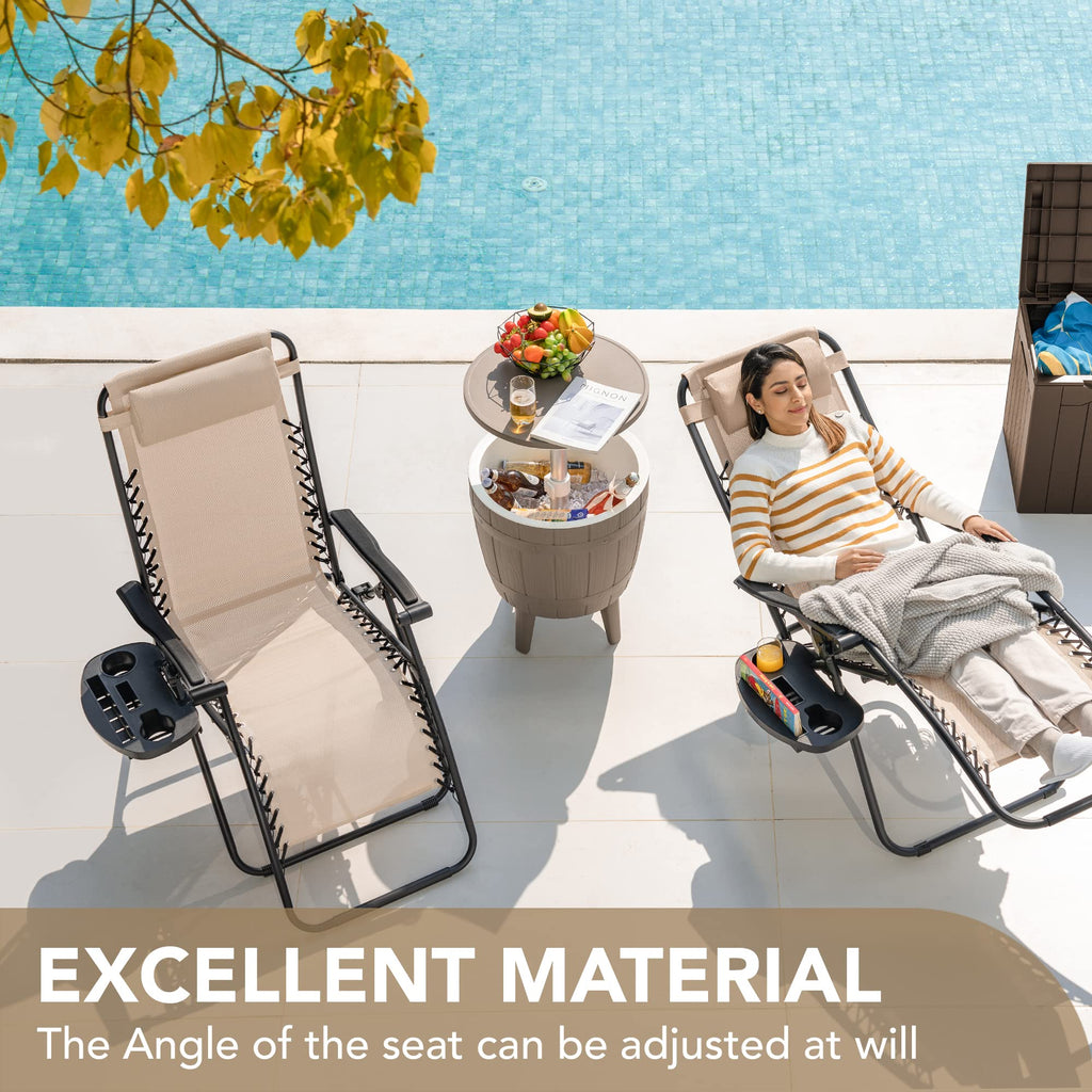Set of 2 Beige Adjustable Steel Mesh Lounge Chairs with Cup Holder N629
