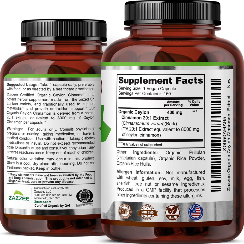 USDA Organic Ceylon Cinnamon 20:1 Extract 150 Capsules K687422
