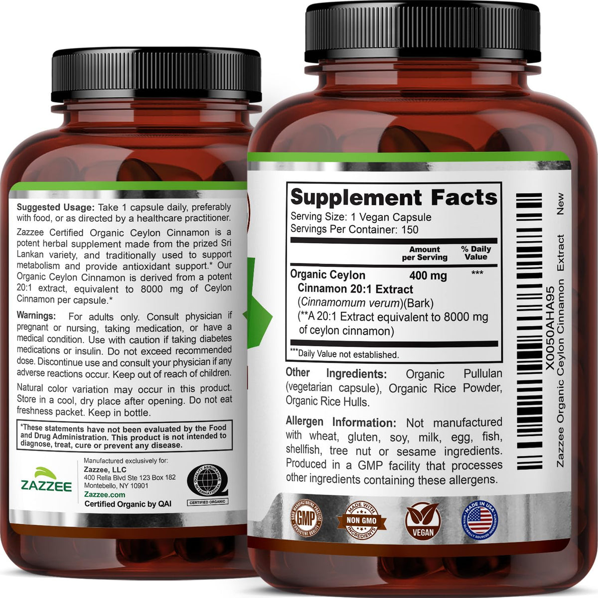 USDA Organic Ceylon Cinnamon 20:1 Extract 150 Capsules K687422