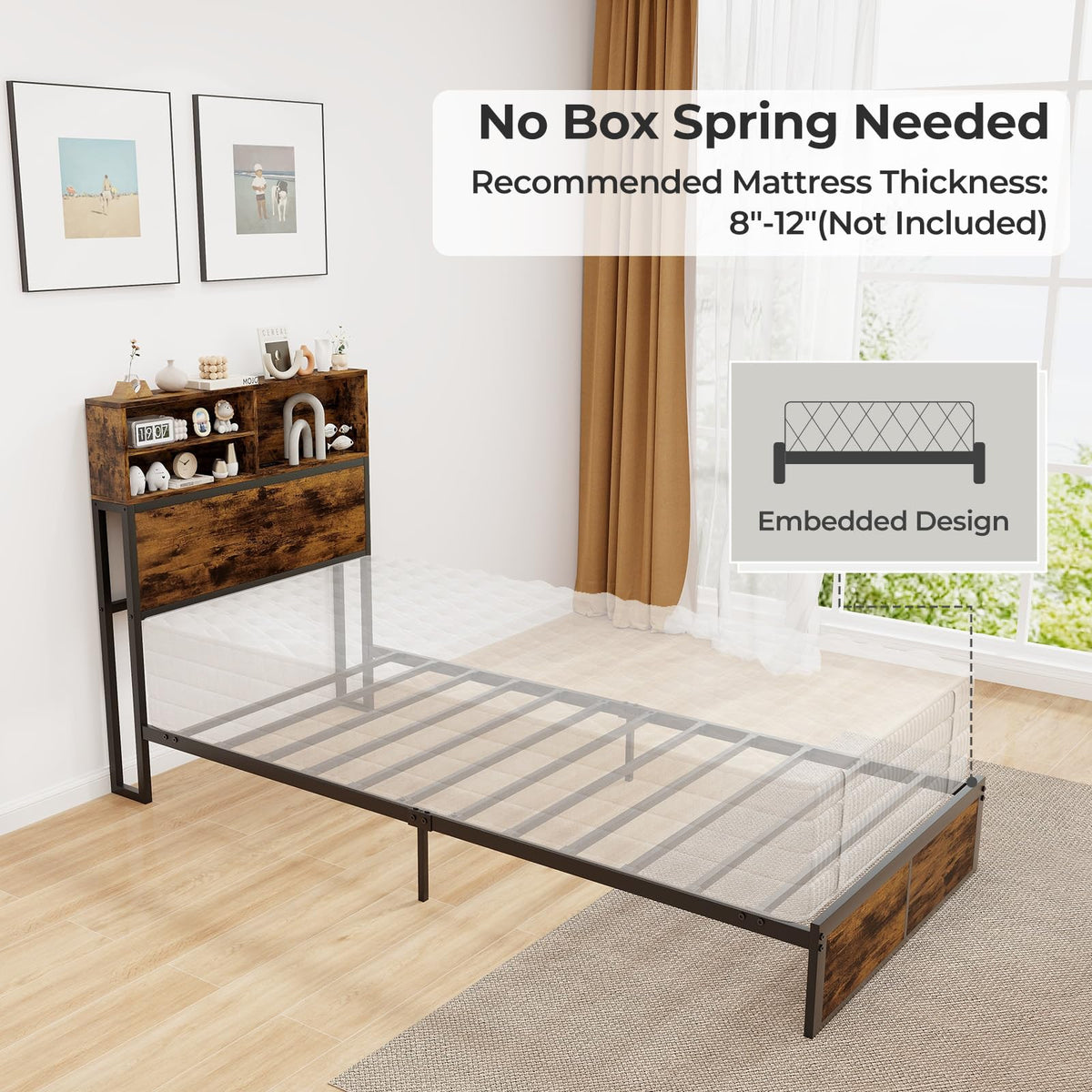 Twin Metal Platform Bed Frame with Storage Headboard Z5089