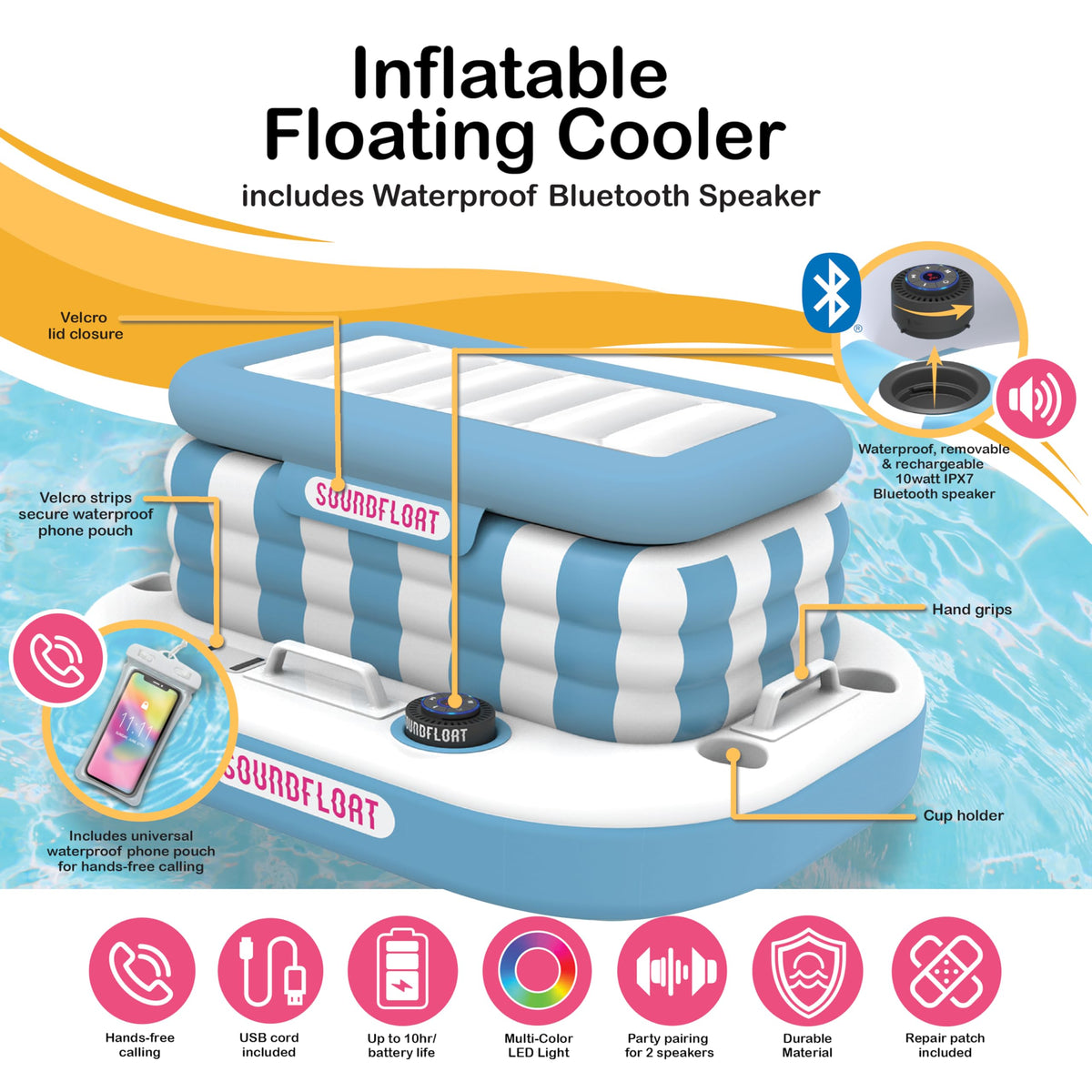 Inflatable Floating Cooler with Lid, Bluetooth Speaker, 6 Cup Holders, 24 Can Capacity R371925
