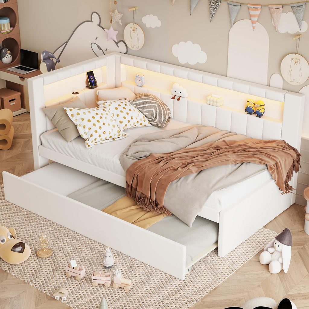 Twin Size Upholstered Daybed with Trundle and USB LED Belt V43915