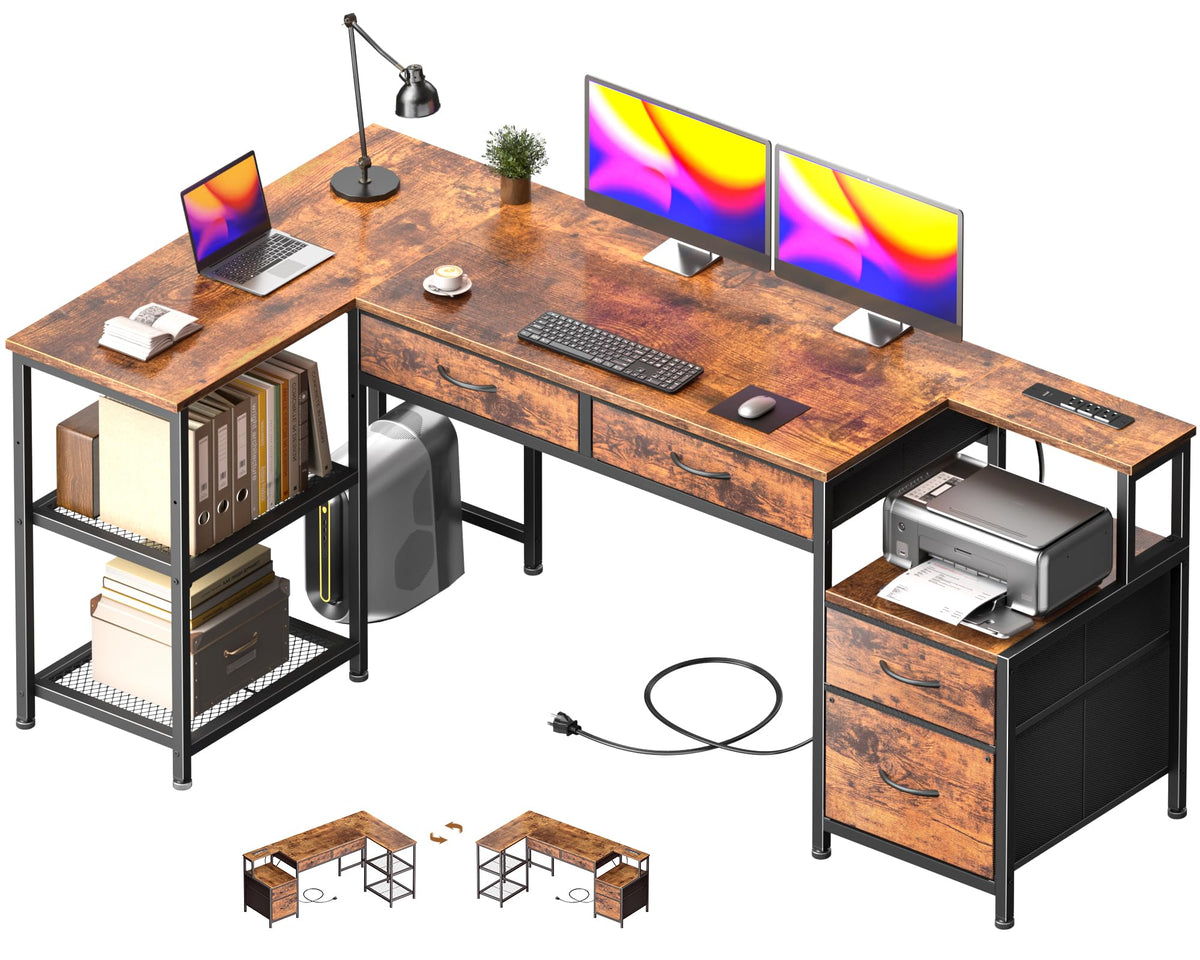 57" L Shaped Computer Desk with Power Outlet J347