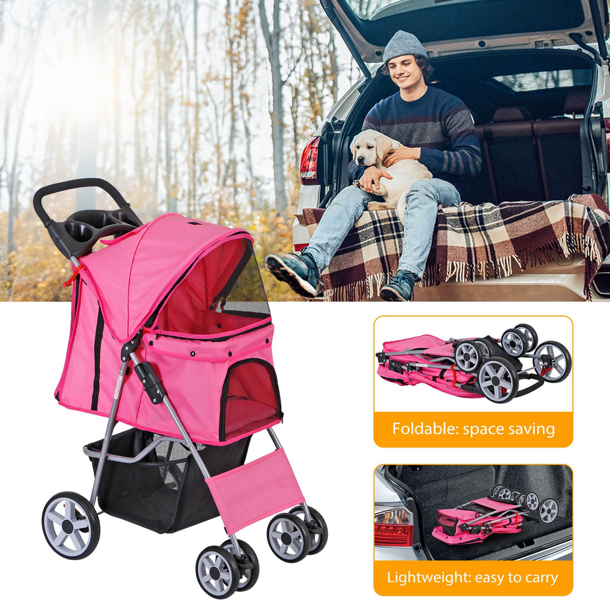 4 Wheels Folding Dog Stroller with Storage Basket, Pink O2115