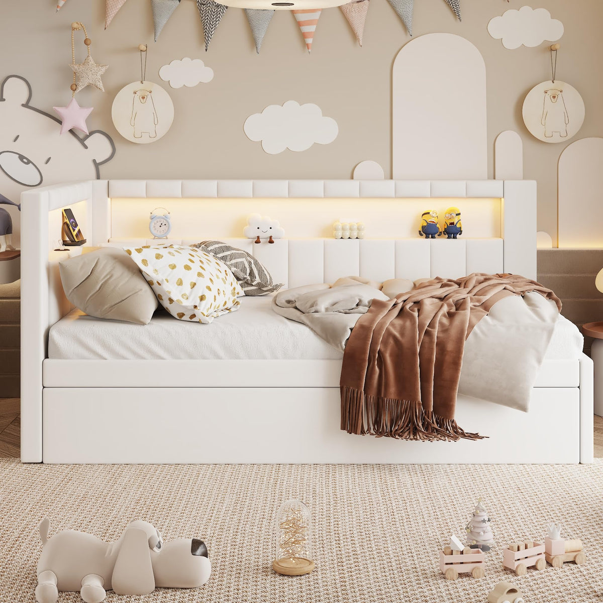 Twin Size Upholstered Daybed with Trundle and USB LED Belt V43915