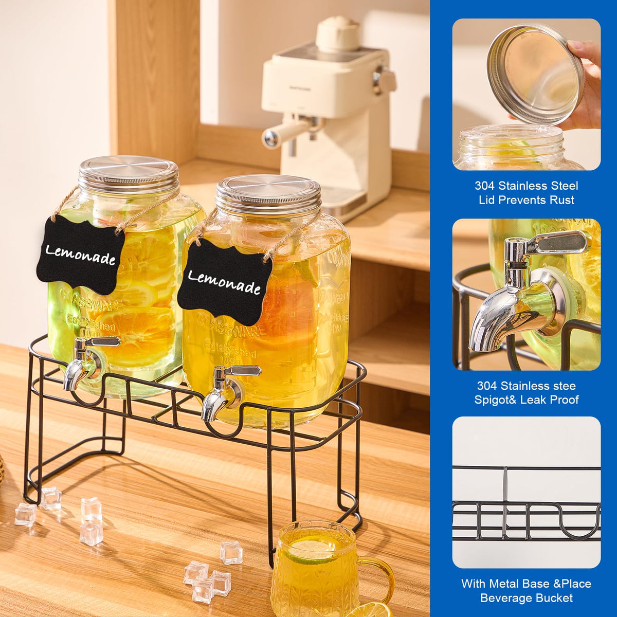 1 Gallon Glass Drink Dispenser with Stand, 2 Pack W33131