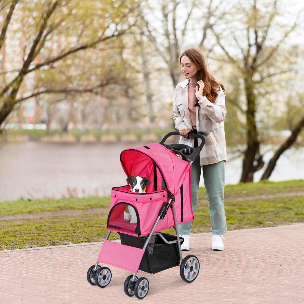 4 Wheels Folding Dog Stroller with Storage Basket, Pink O2115