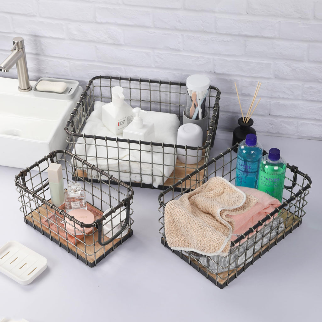 13.8" Wide Rectangular Metal Wire Basket with Wooden Bottom B797199