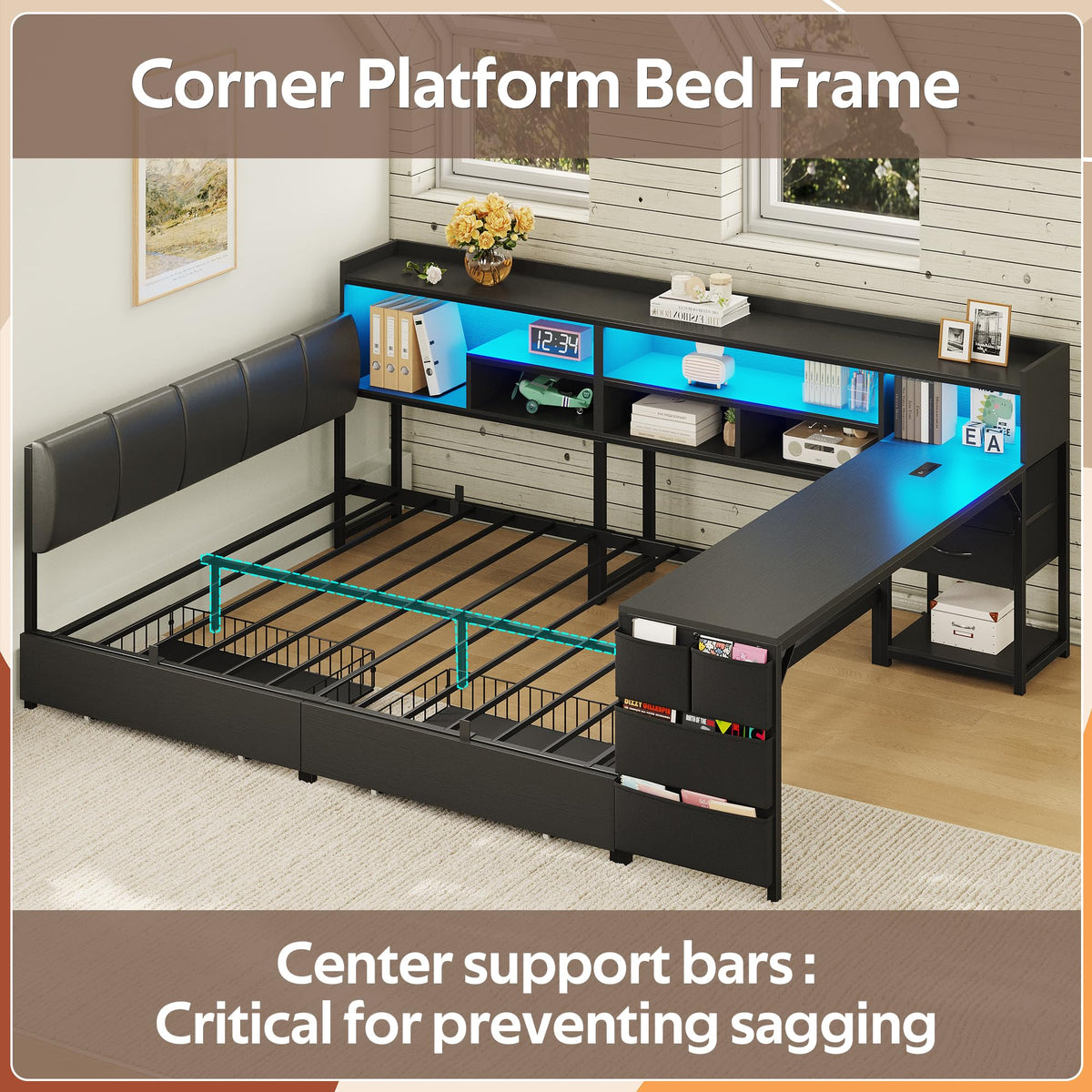 Black Corner Bed Frame Full with Storage and Desk N7111