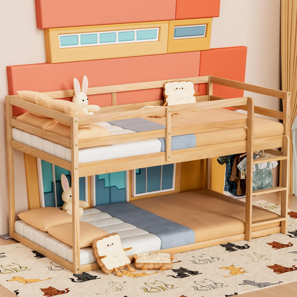 Twin Over Twin Low Bunk Bed with Ladder and Guardrails S55916
