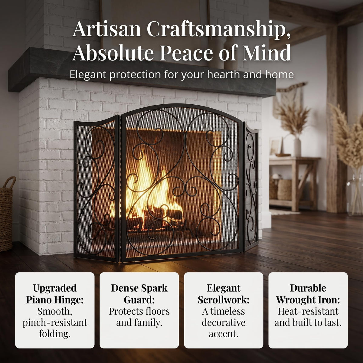 3 Panel Arch Top Wrought Iron Fireplace Screen R520554