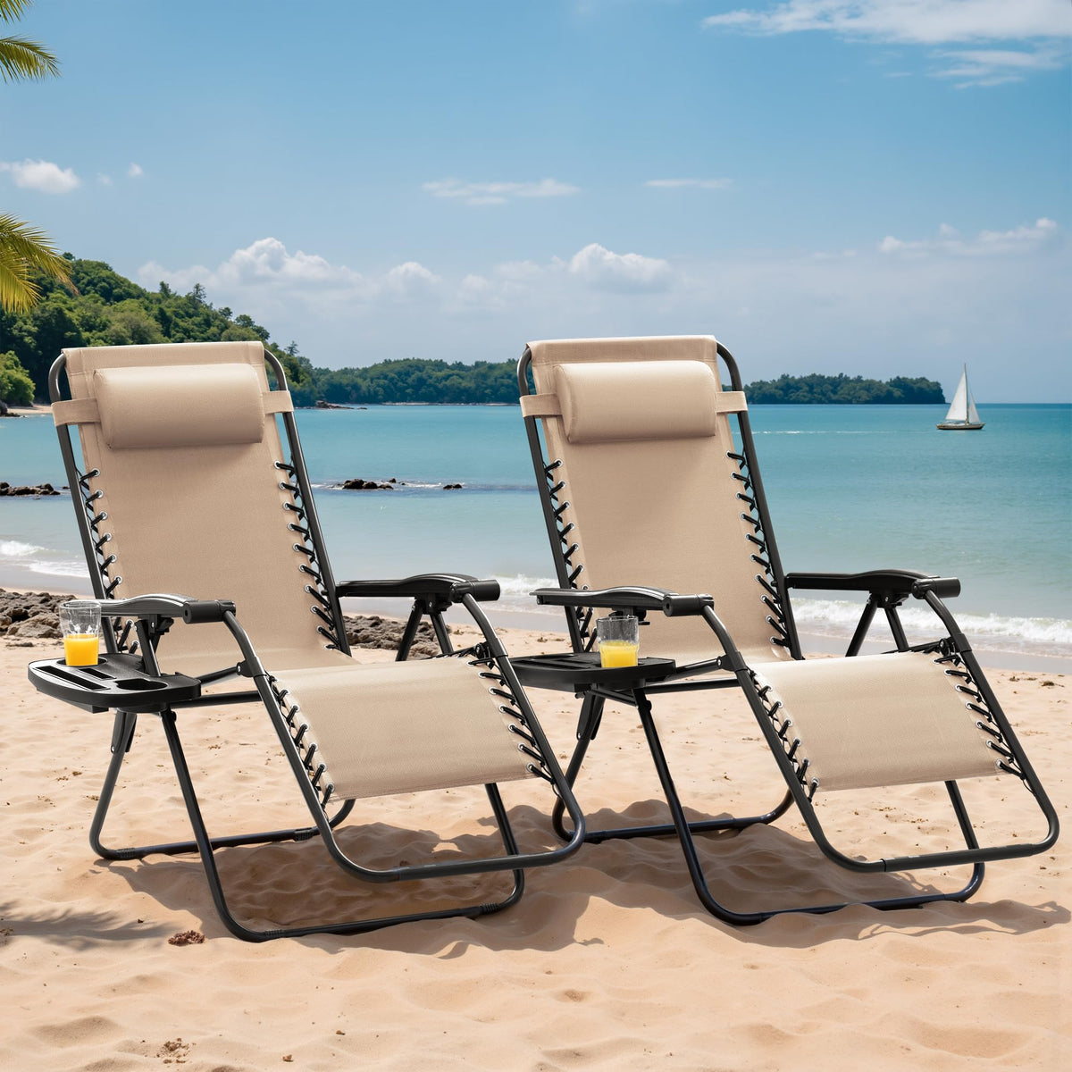 Set of 2 Beige Adjustable Steel Mesh Lounge Chairs with Cup Holder N629