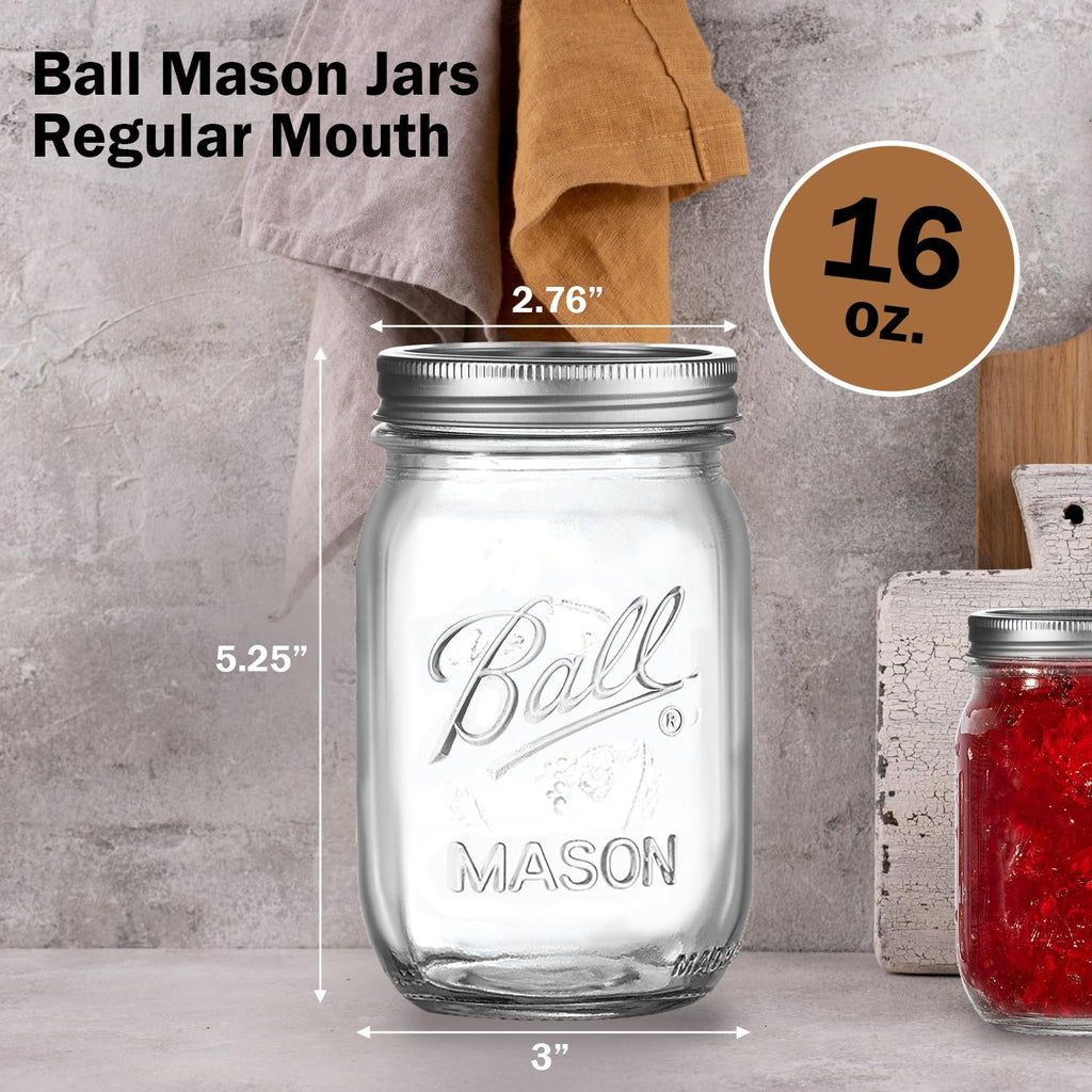 16 oz. Regular Mouth Mason Jars 12 Pack with Airtight Lids and Bands J19793