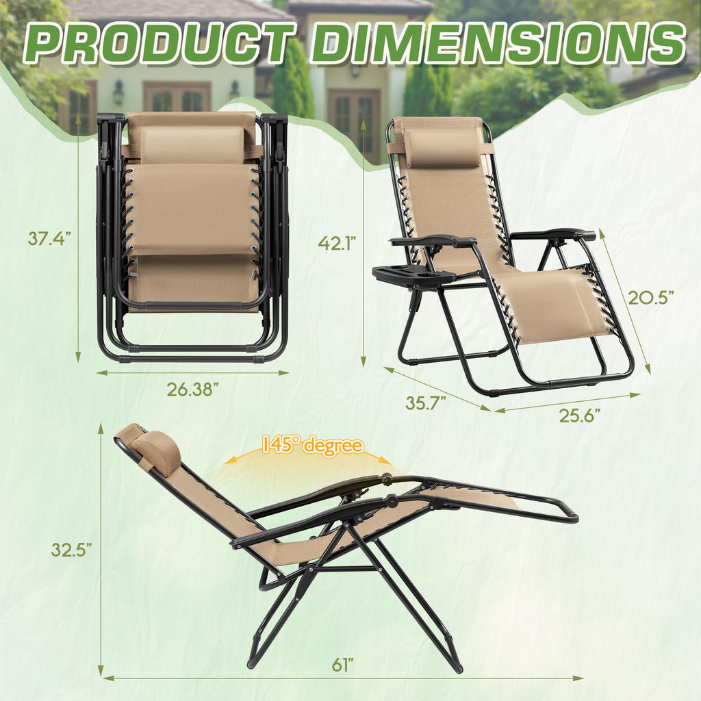 Set of 2 Beige Adjustable Steel Mesh Lounge Chairs with Cup Holder N629