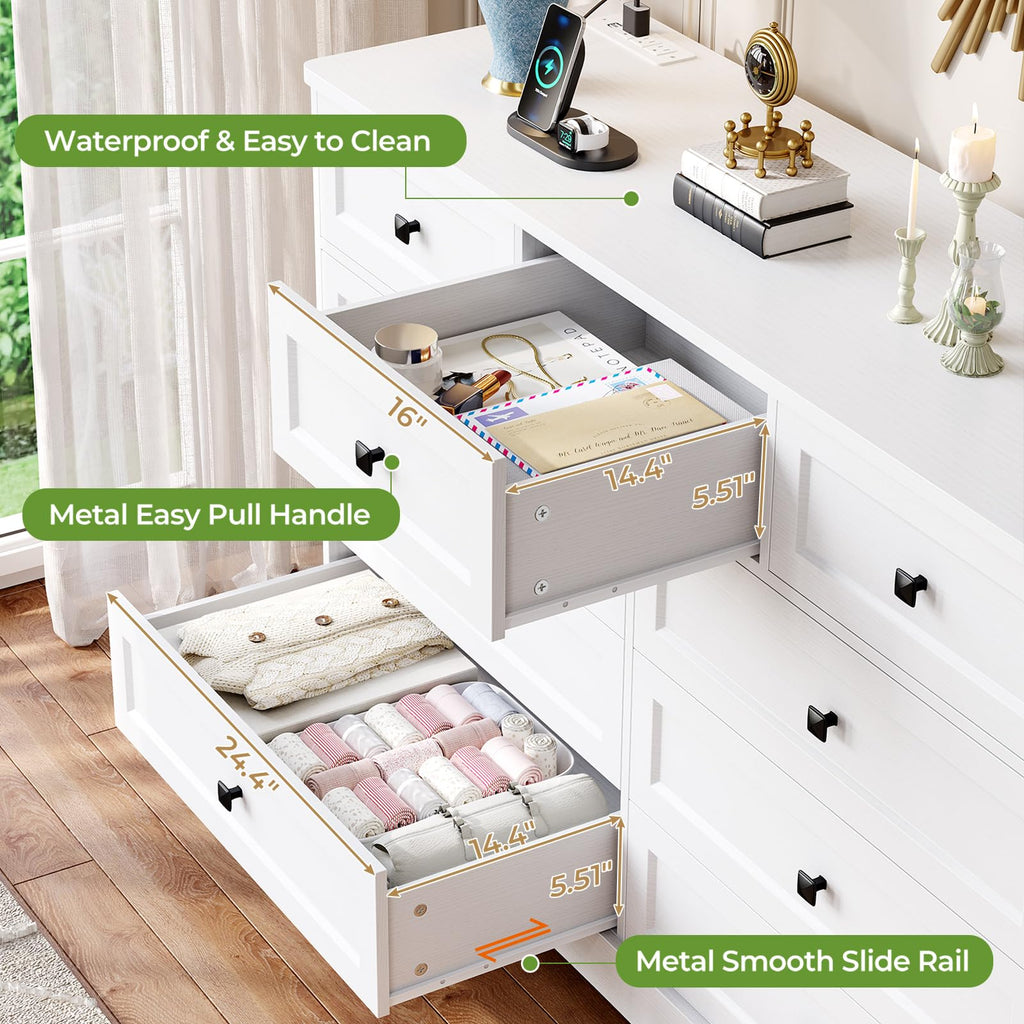 White 9 Drawer Wood Dresser with Charging Station I6550