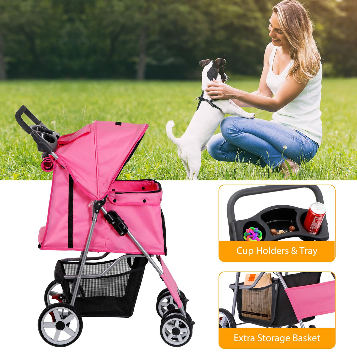 4 Wheels Folding Dog Stroller with Storage Basket, Pink O2115