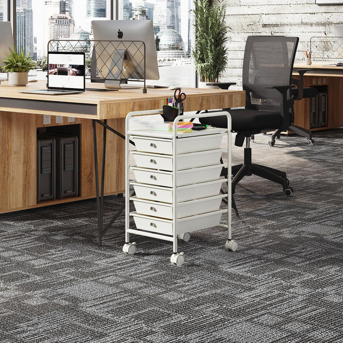White 6-Tier Rolling Storage Cart with Drawers B17534