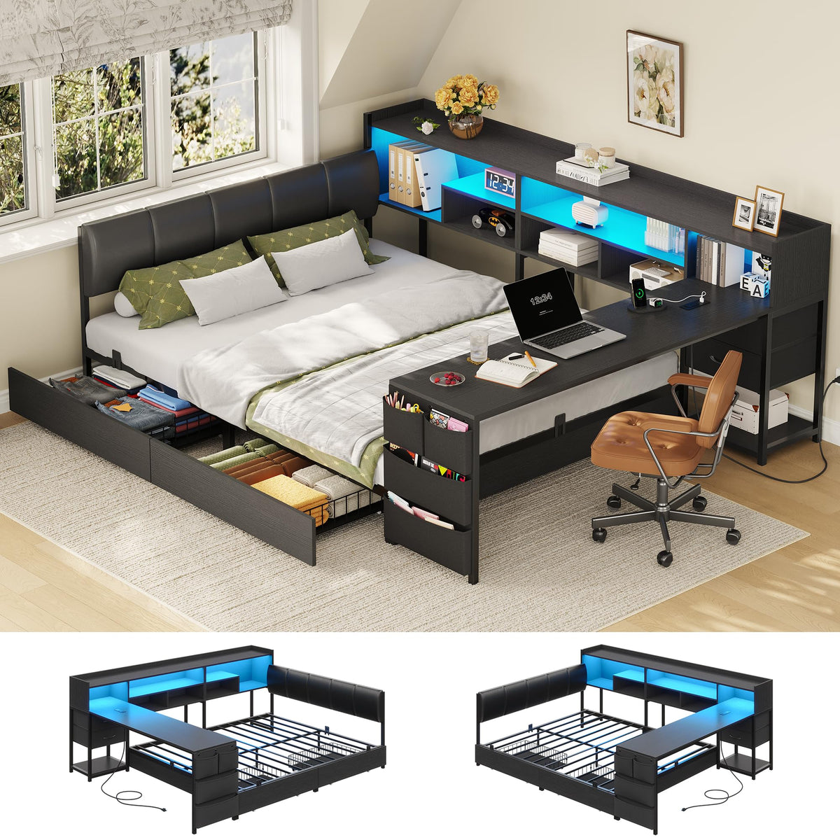 Black Corner Bed Frame Full with Storage and Desk N7111