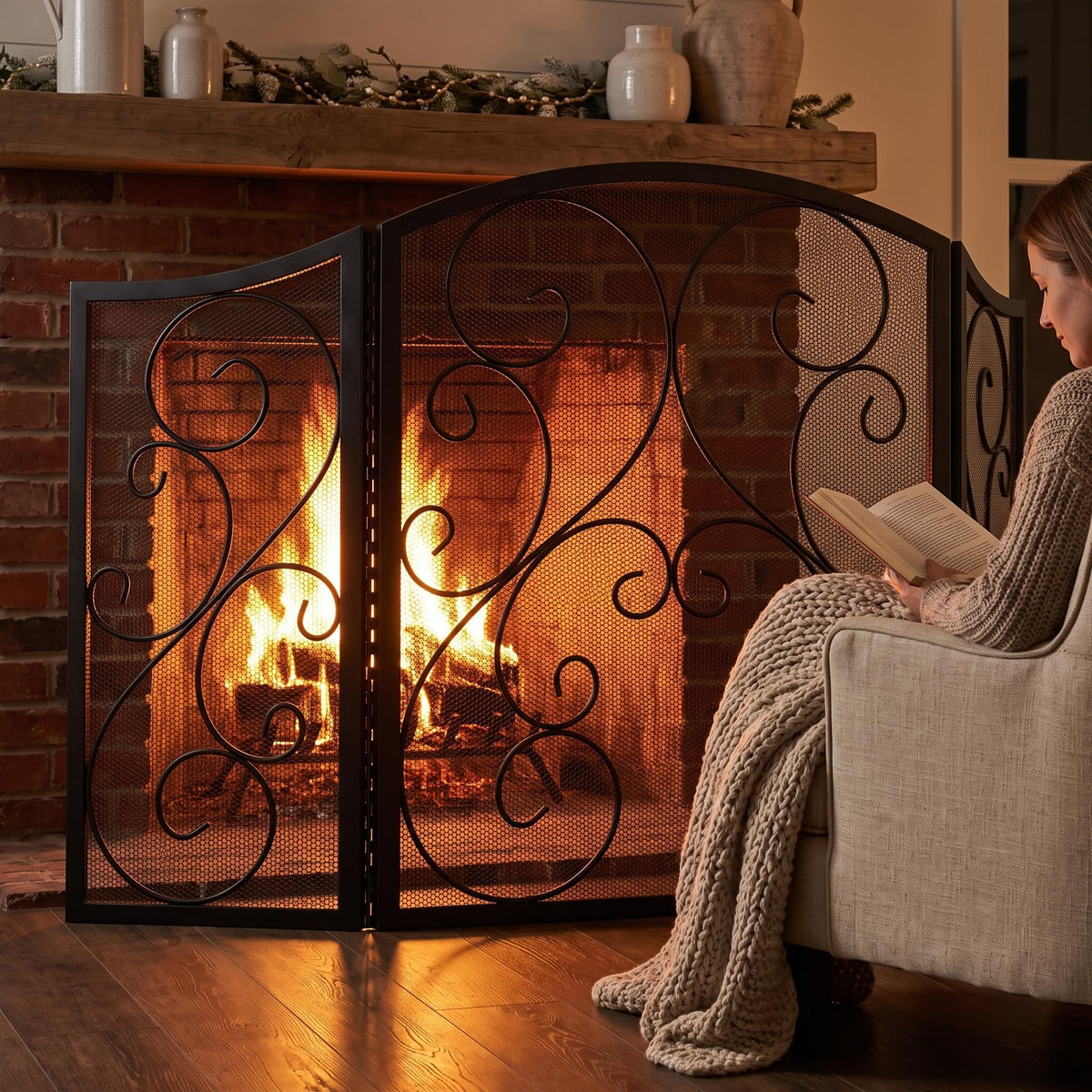 3 Panel Arch Top Wrought Iron Fireplace Screen R520554