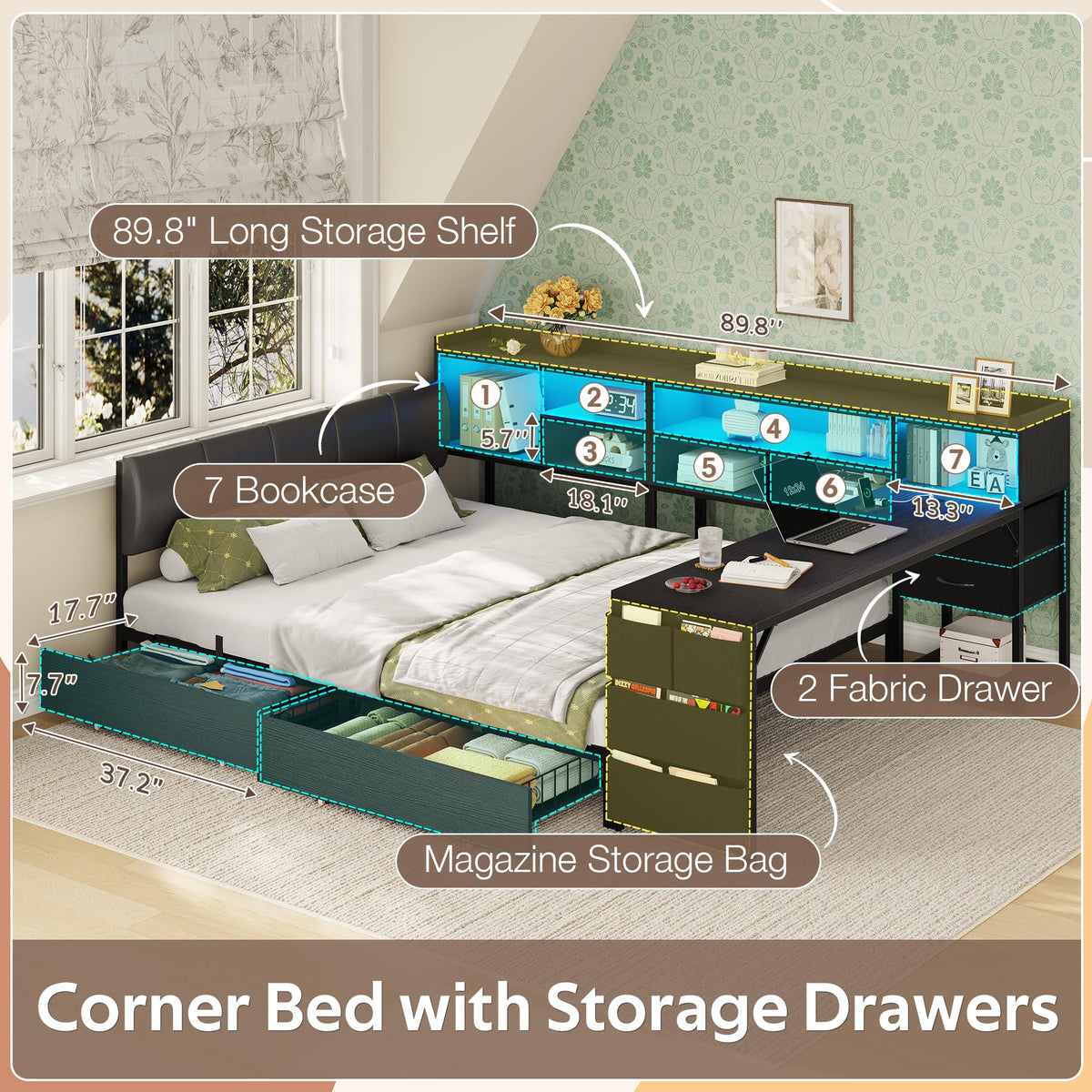Black Corner Bed Frame Full with Storage and Desk N7111