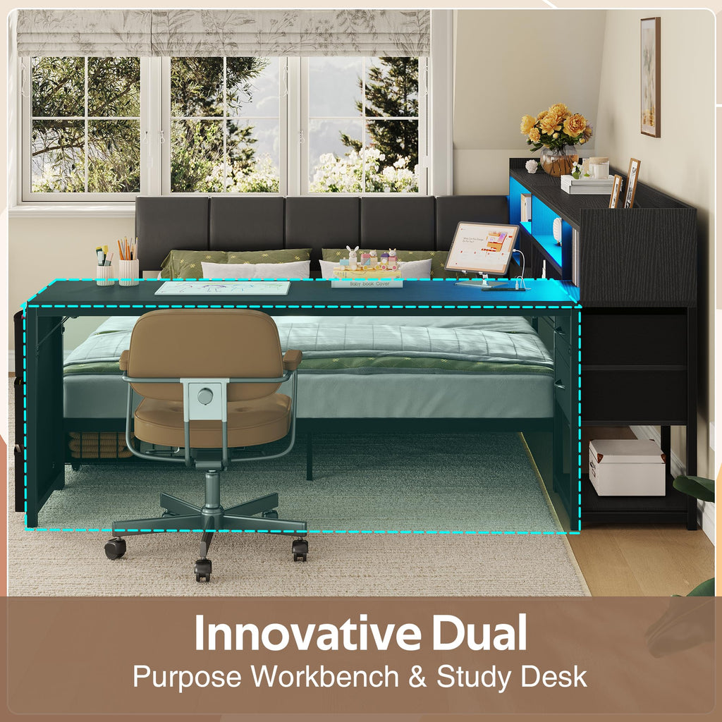 Black Corner Bed Frame Full with Storage and Desk N7111
