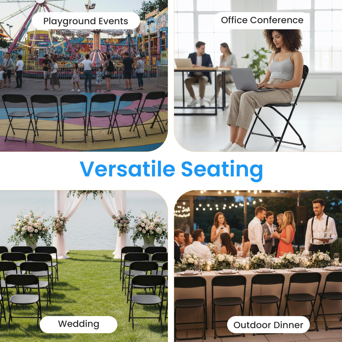 10 Pack Black Plastic Folding Chairs with Metal Frame H47542