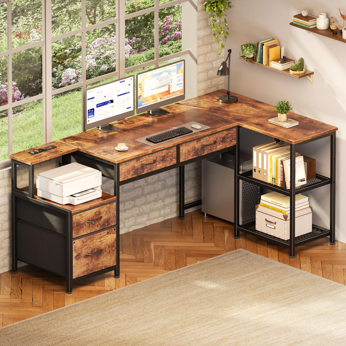 57" L Shaped Computer Desk with Power Outlet J347